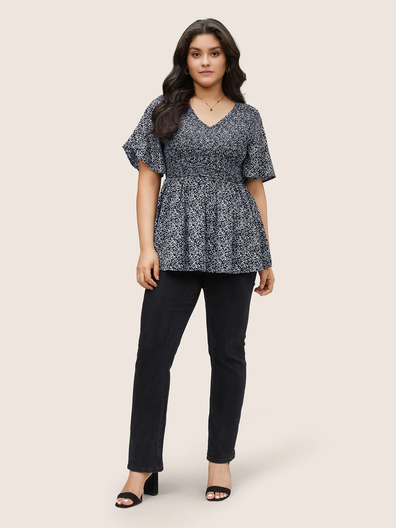 Ditsy Floral Shirred Ruffle Sleeve Elastic Waist Blouse