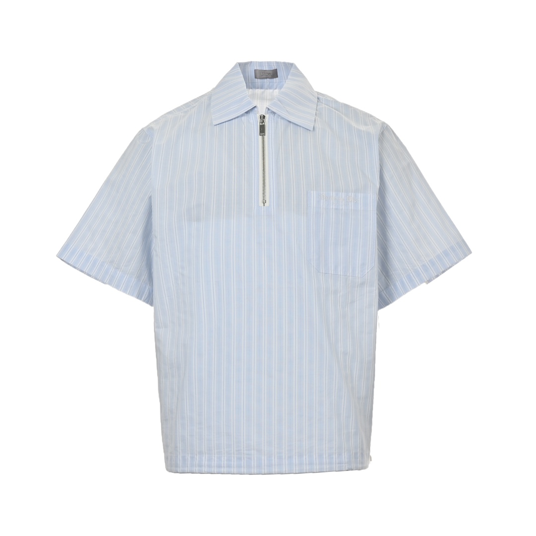 Dior 24ss half-zip small logo embroidered striped short-sleeved shirt