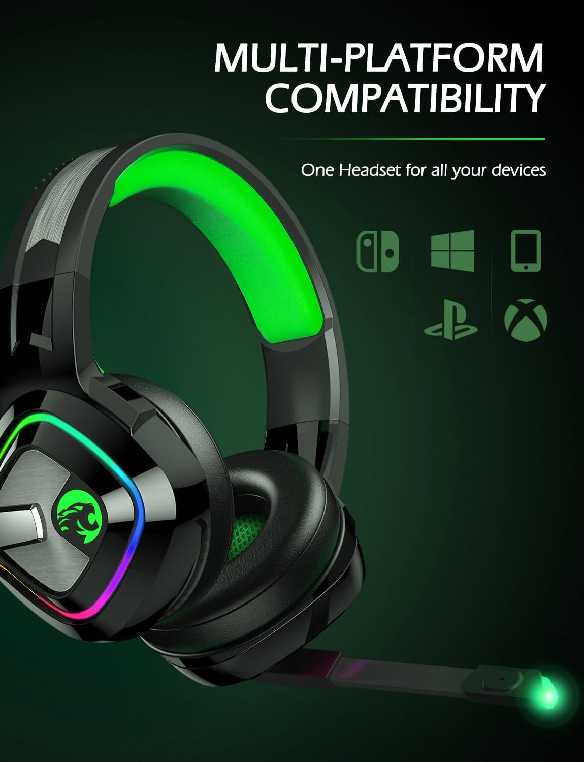 ZIUMIER Z66 Gaming Headset, Wired, Over-Ear, Noise Cancelling Mic, RGB Light, Stereo Surround Sound, Compatible with PS4, PS5, Xbox One, Laptop (Green)