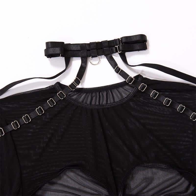 Sexy Hollow Out Mesh Long Sleeve Bondage Tops Set