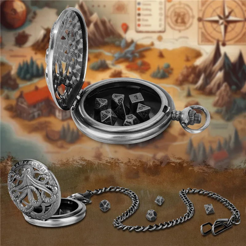 Retro Hollow Octopus Pocket Watch Case Pendant Chain with 7pcs Metal Polyhedral Dice Game Accessory