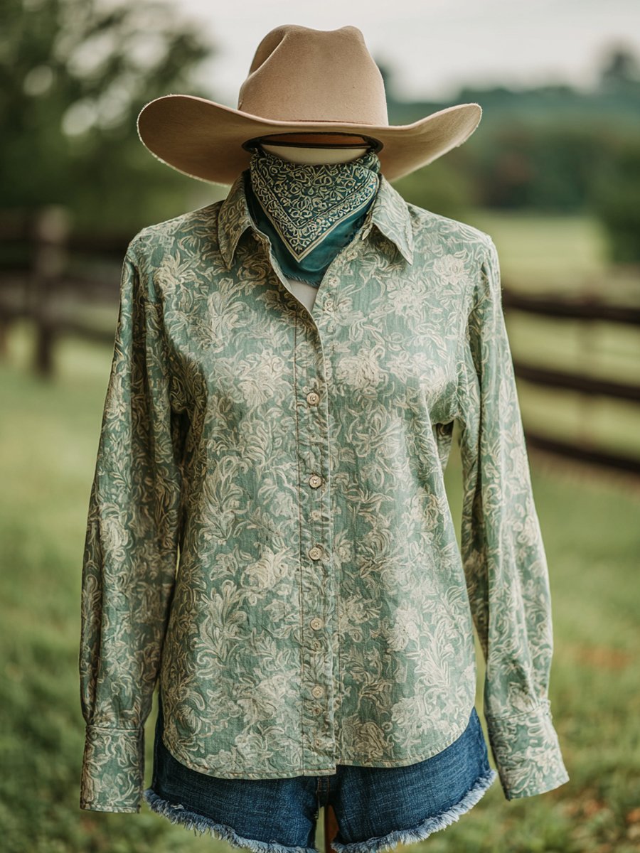 Women's Vintage Green Floral Western Long Sleeve Shirt