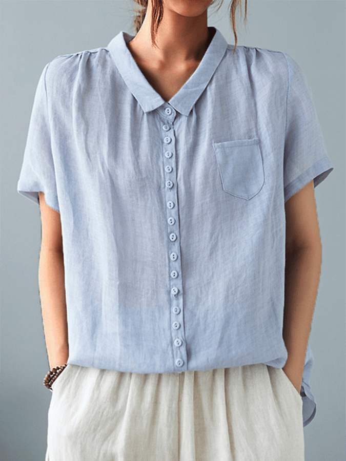 Ladies Casual Cotton And Linen Shirt With Lapel Button Design