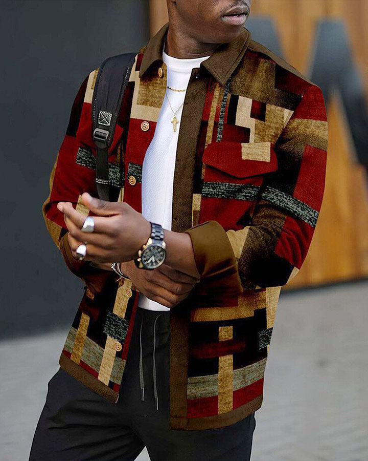 Men's Casual Orange Red Plaid Print Long Sleeve Jacket