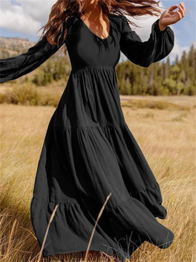 Vintage Puff Sleeve Pleated Tiered Maxi Dress