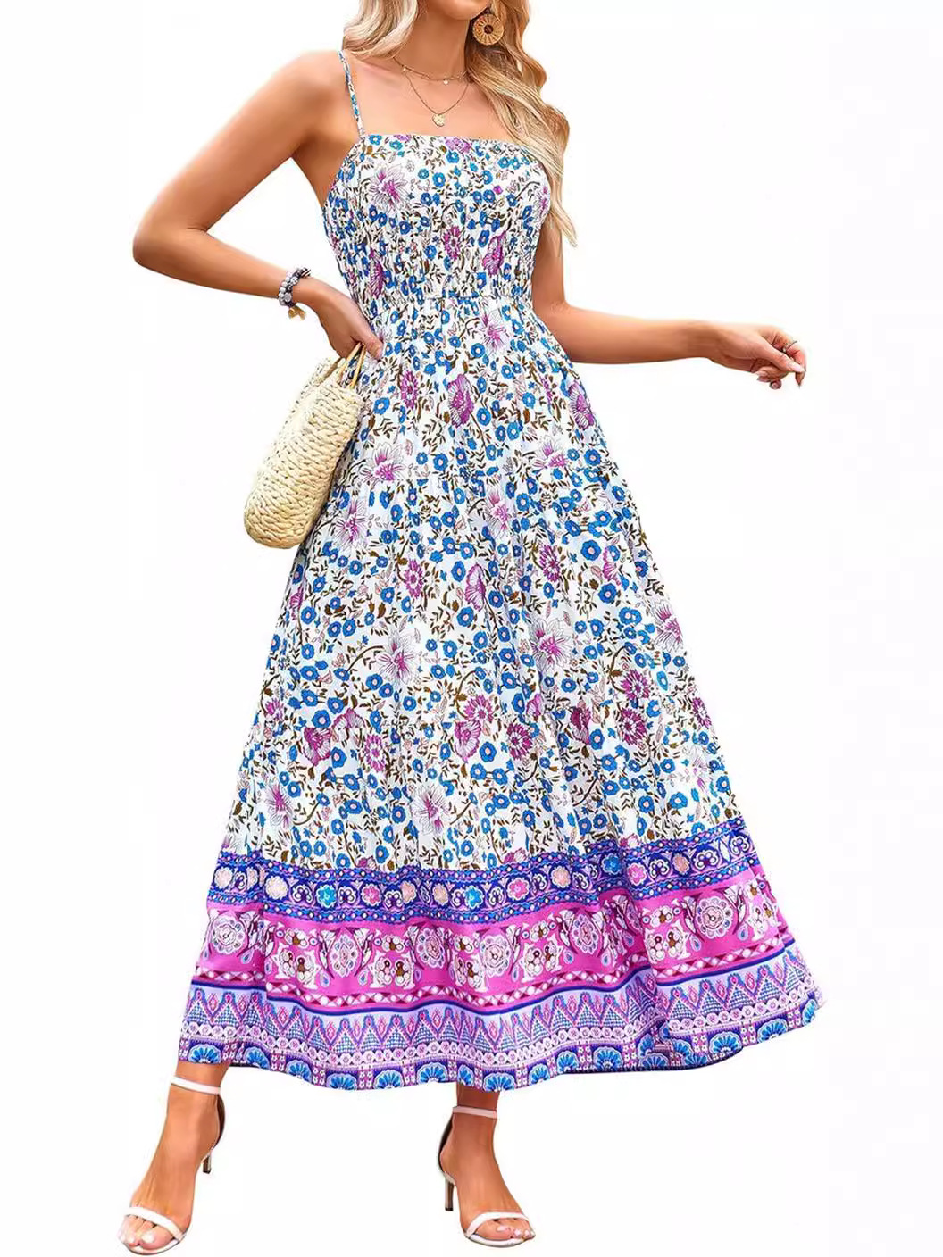 Blue and purple Retro Floral Bohemian dress with adjustable shoulder straps