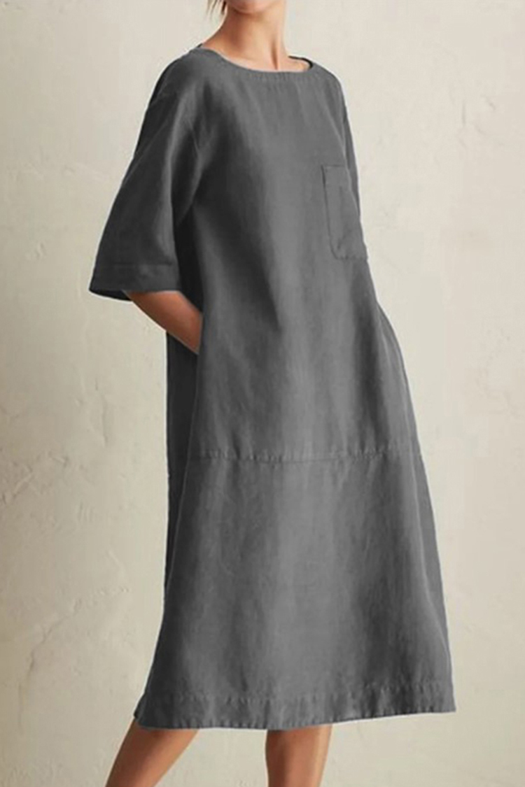 Vintage Plain Pocket Round Neck Short Sleeve Midi Dress
