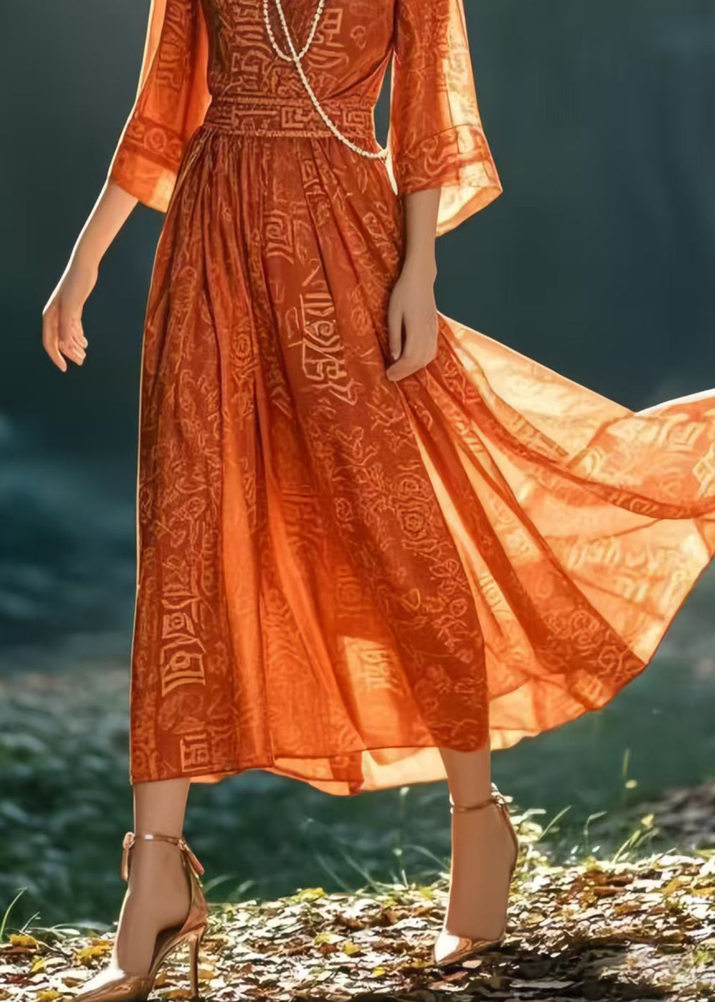 Italian Orange Print Chiffon Holiday Dresses Bracelet Sleeve