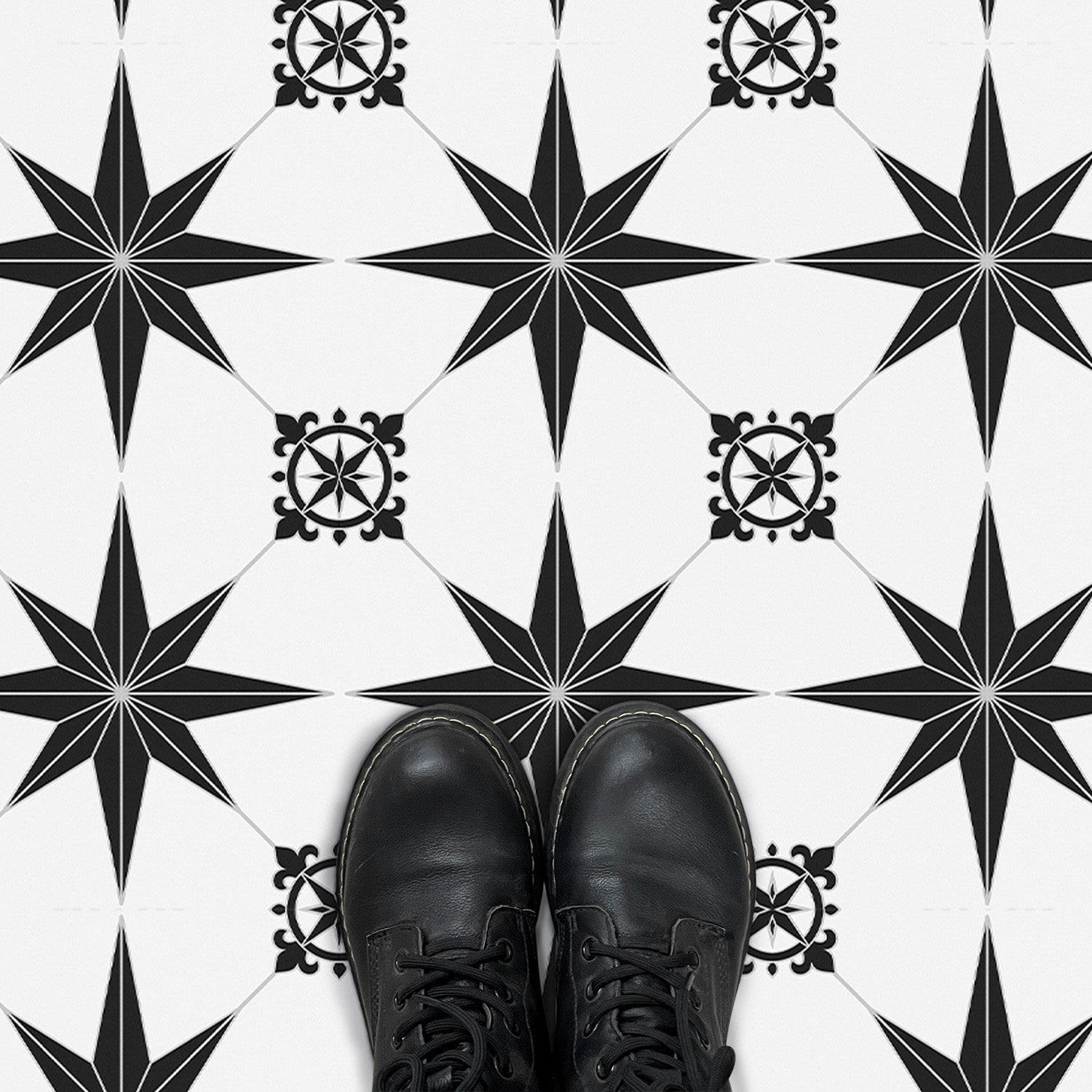 Black and White Star Peel and Stick Vinyl Floor Tile Sticker