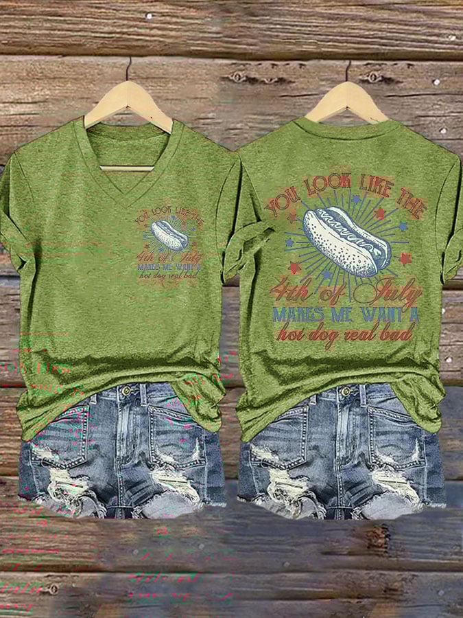 Womens Retro Independence Day Hot Dog Print T-Shirt