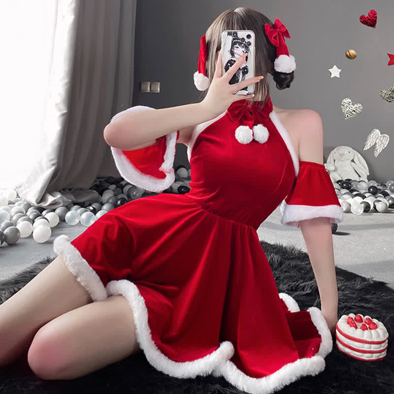 Bow Knot Ruffled Halter Christmas Dress Lingerie