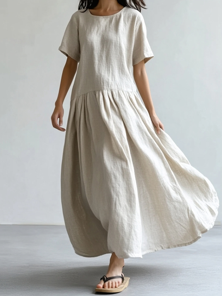 Vintage Crew Neck Cotton Linen Maxi Dress