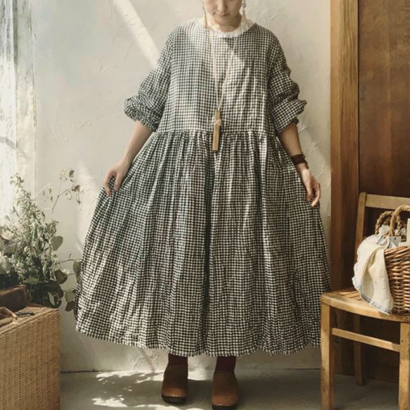 Vintage Checkered Long Sleeve Cotton Linen Midi Dresses