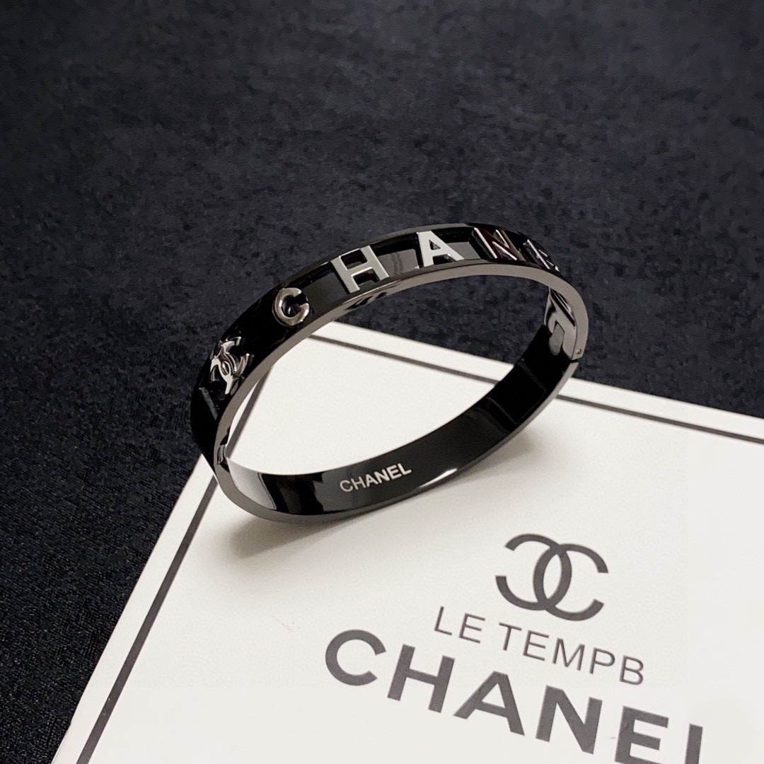Chanel engraved letter charcoal black bracelet