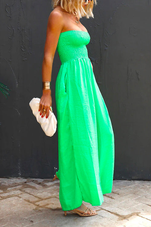 Heididress Strapless Smocked Pocketed Wide Leg Jumpsuit