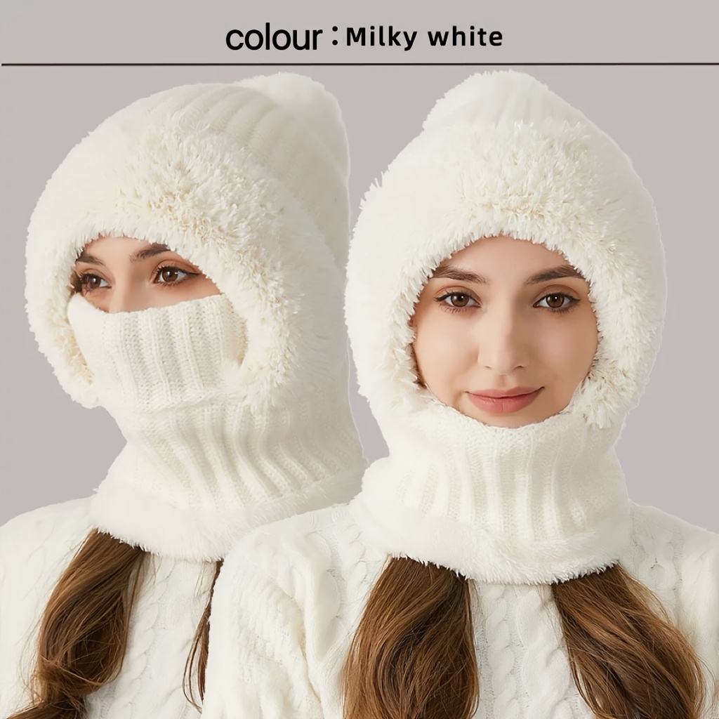 Warm Fleece Lined Knit Hat - Windproof, Thermal Insulation, Earflap Protection, Hooded Neck Gaiter, Breathable