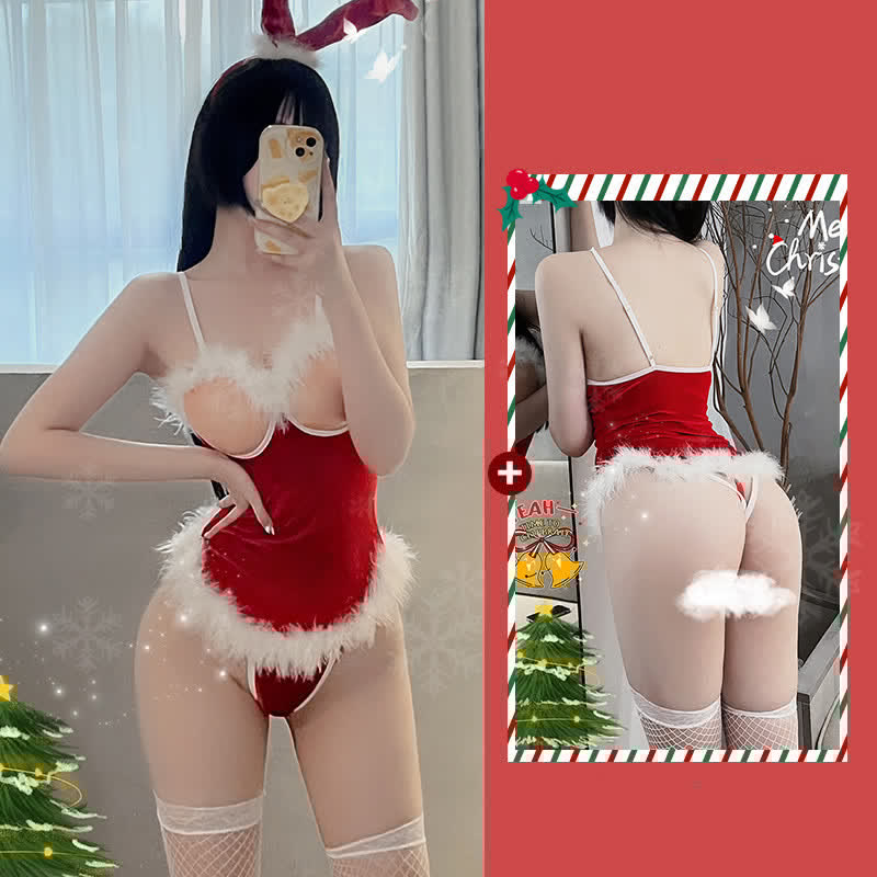 Christmas Hollow Out Plush Jumpsuit Lingerie Fishnet Stockings Set