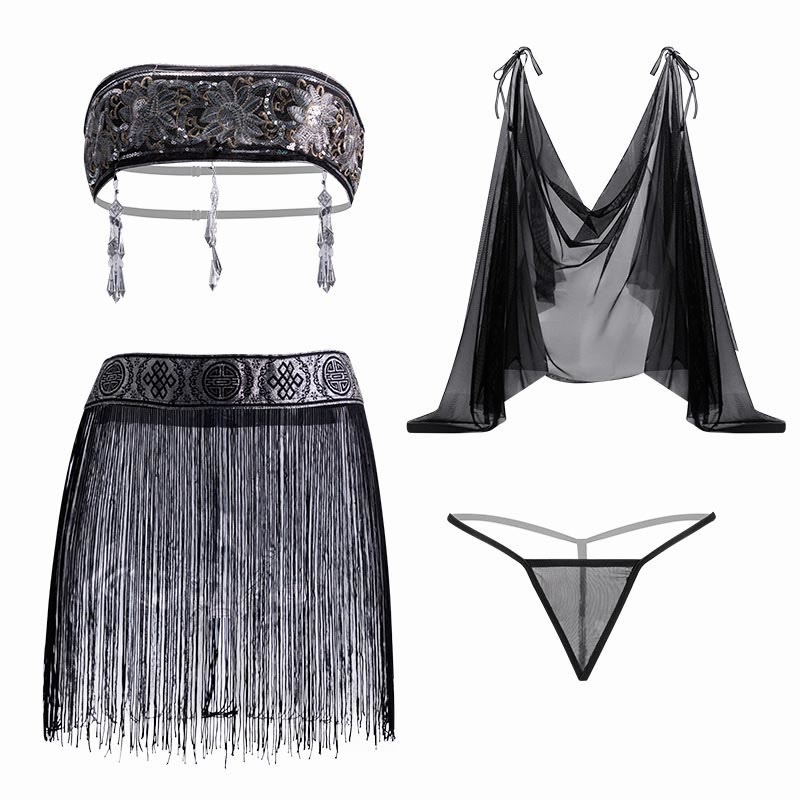 Vintage Flower Tassel See-through Lingerie Set