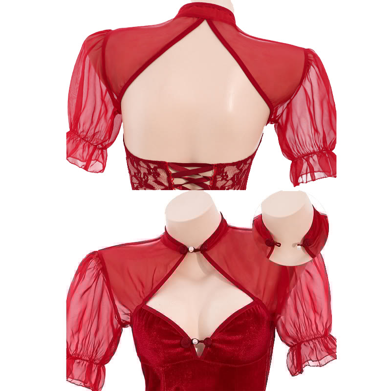Vintage Cheongsam Lace See-through Lingerie Dress