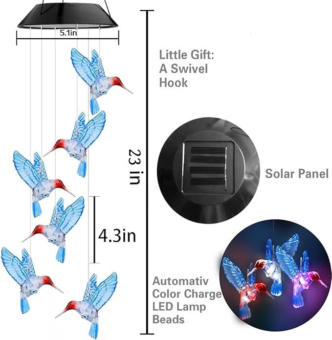 🎁🔥ON SALE - 45% OFF🔥Solar color-changing hummingbird wind chime-Rainbow Color Changing LED Lights,Six birds and it comes assembled.