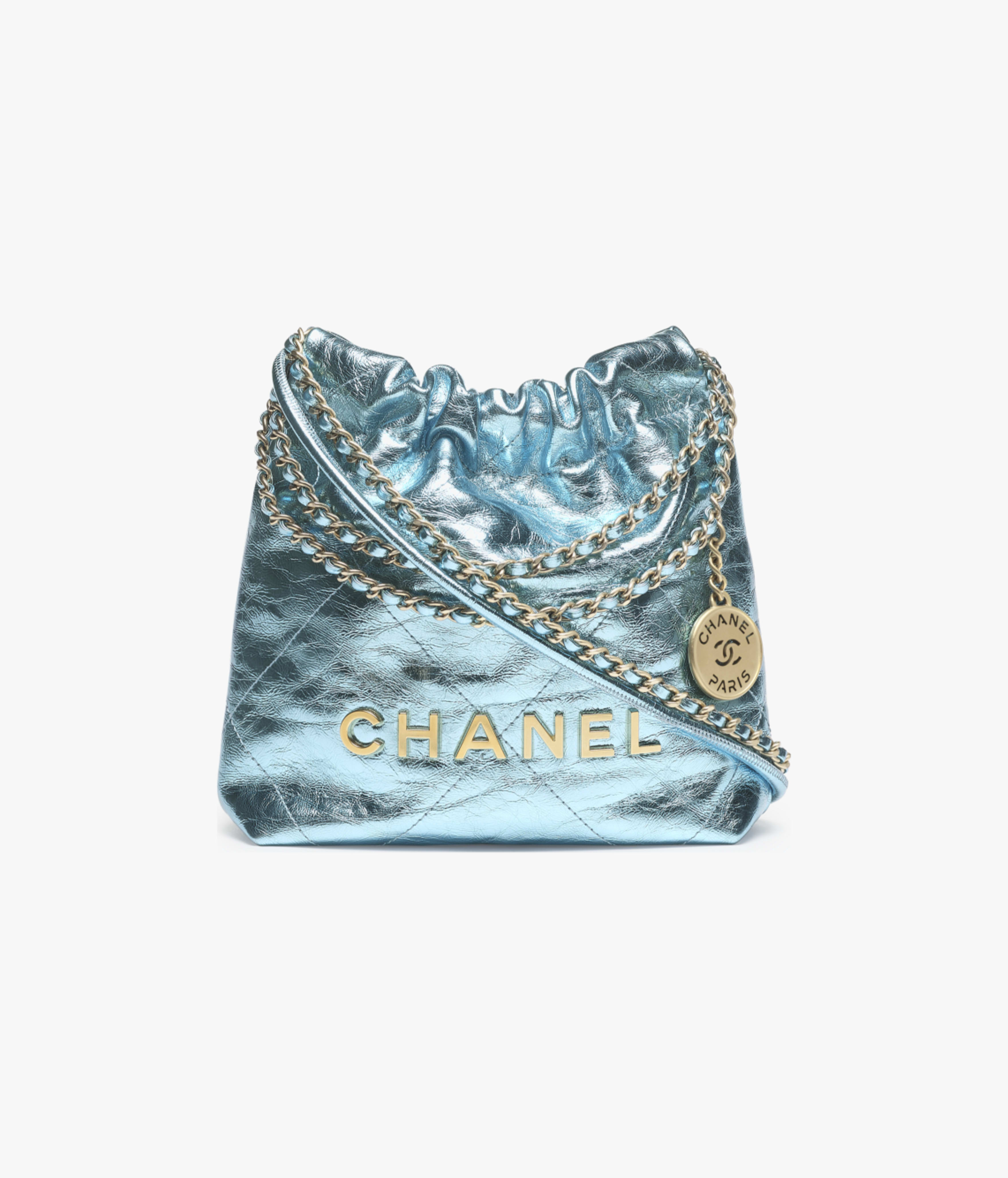 CHANEL 22 Mini Handbag Metallic Calfskin & Gold Metal Light Blue AS3980-B18806-NABKB
