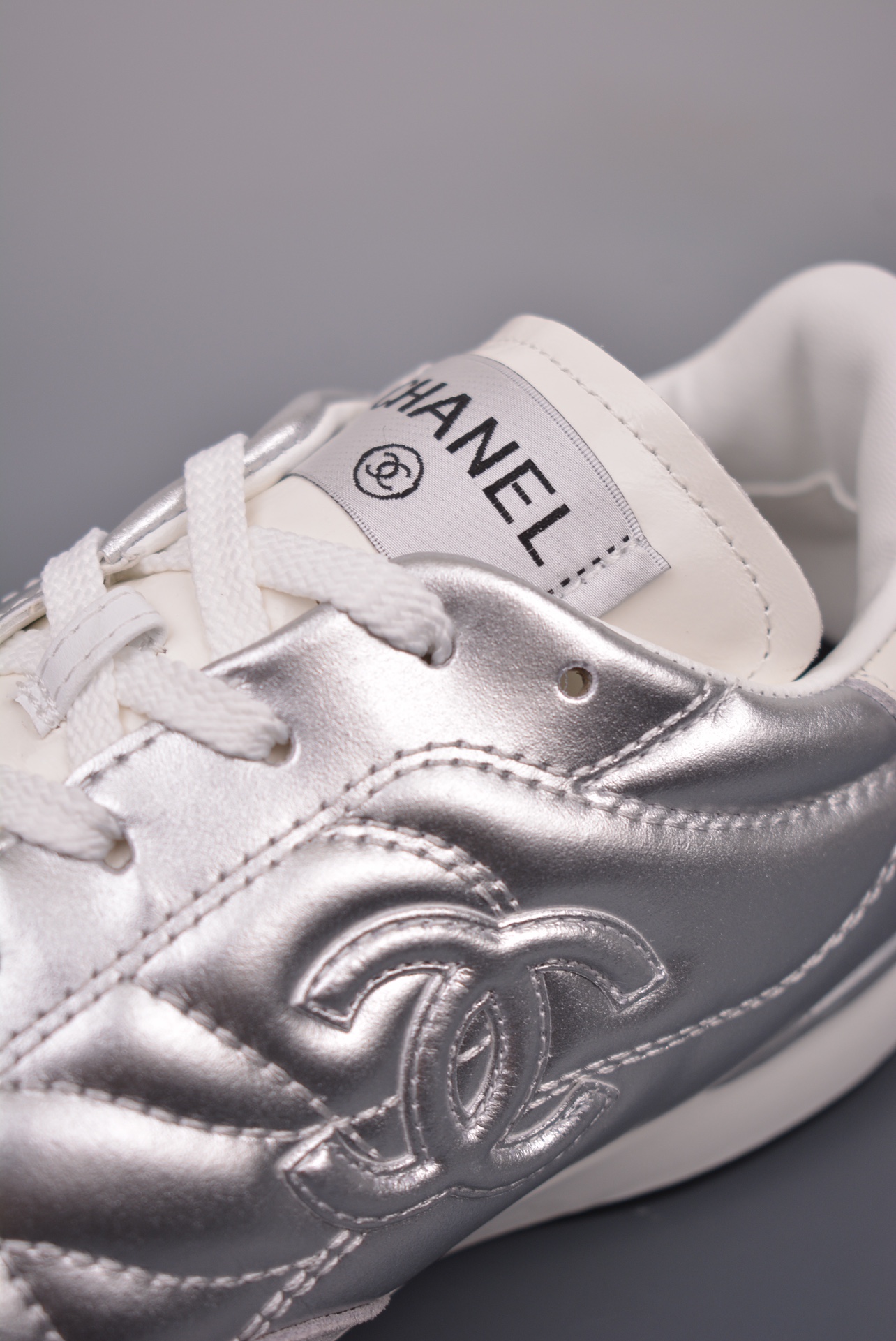 Chanel A23 CC Quilted Trainers Sneaker Silver