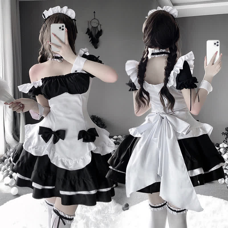 Off Shoulder Bow Knot Lace Up Maid Dress Lingerie