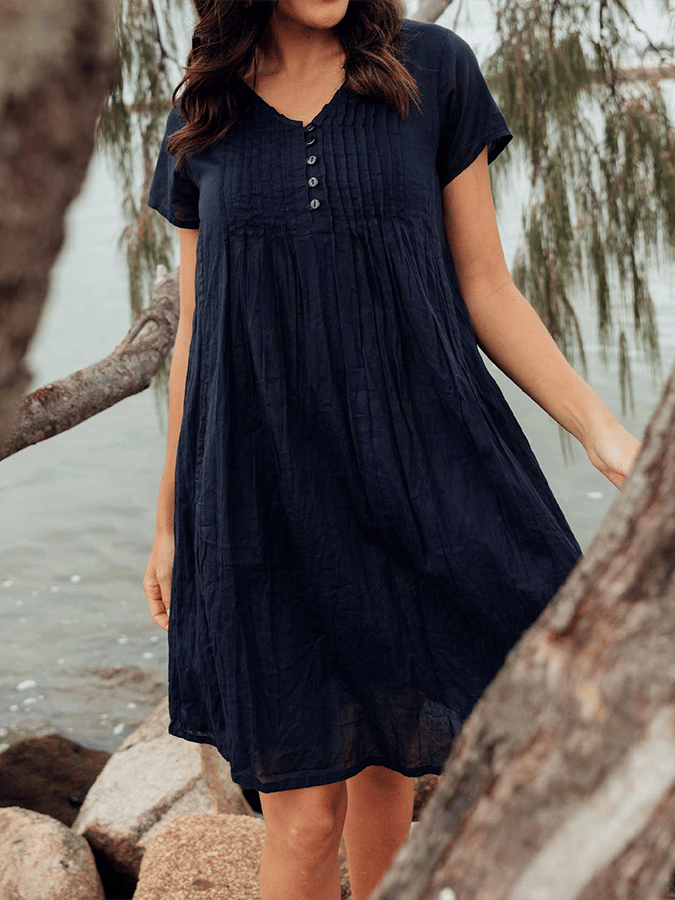Women's Pleated Button Design Cotton And Linen Dress