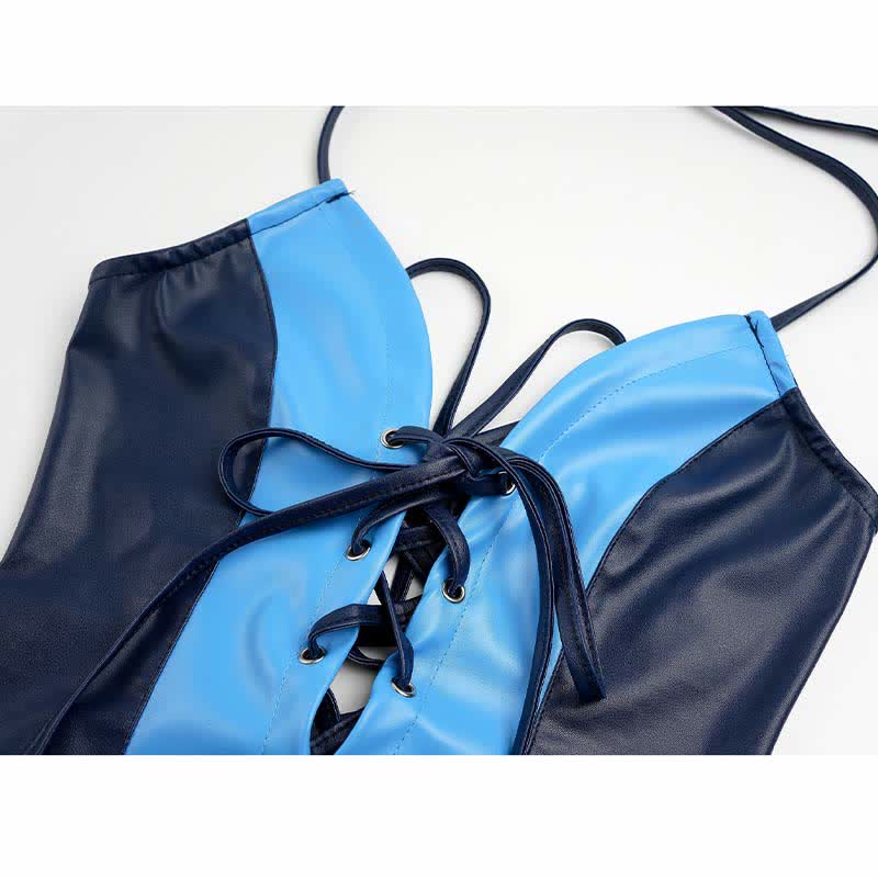 Cosplay Bunny Hollow Out Lace Up PU Jumpsuit Lingerie Set