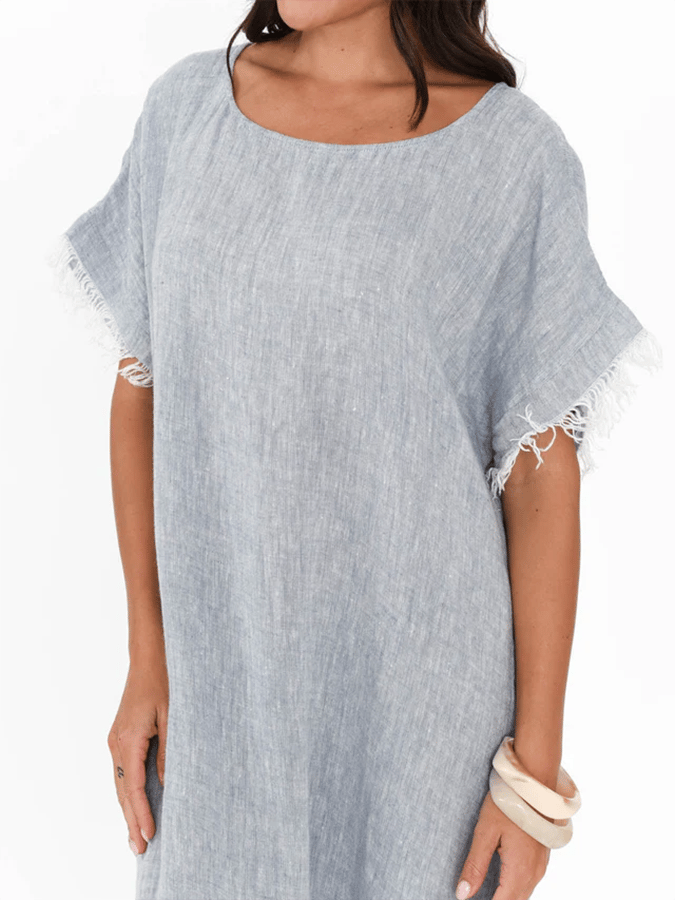 Women's Retro Contrast Tassel Design Round Neck Cotton And Linen Dress