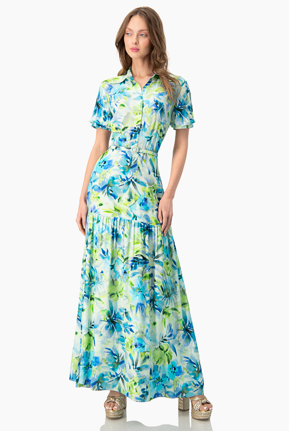 Vestido maxi de manga corta y cuello camisero