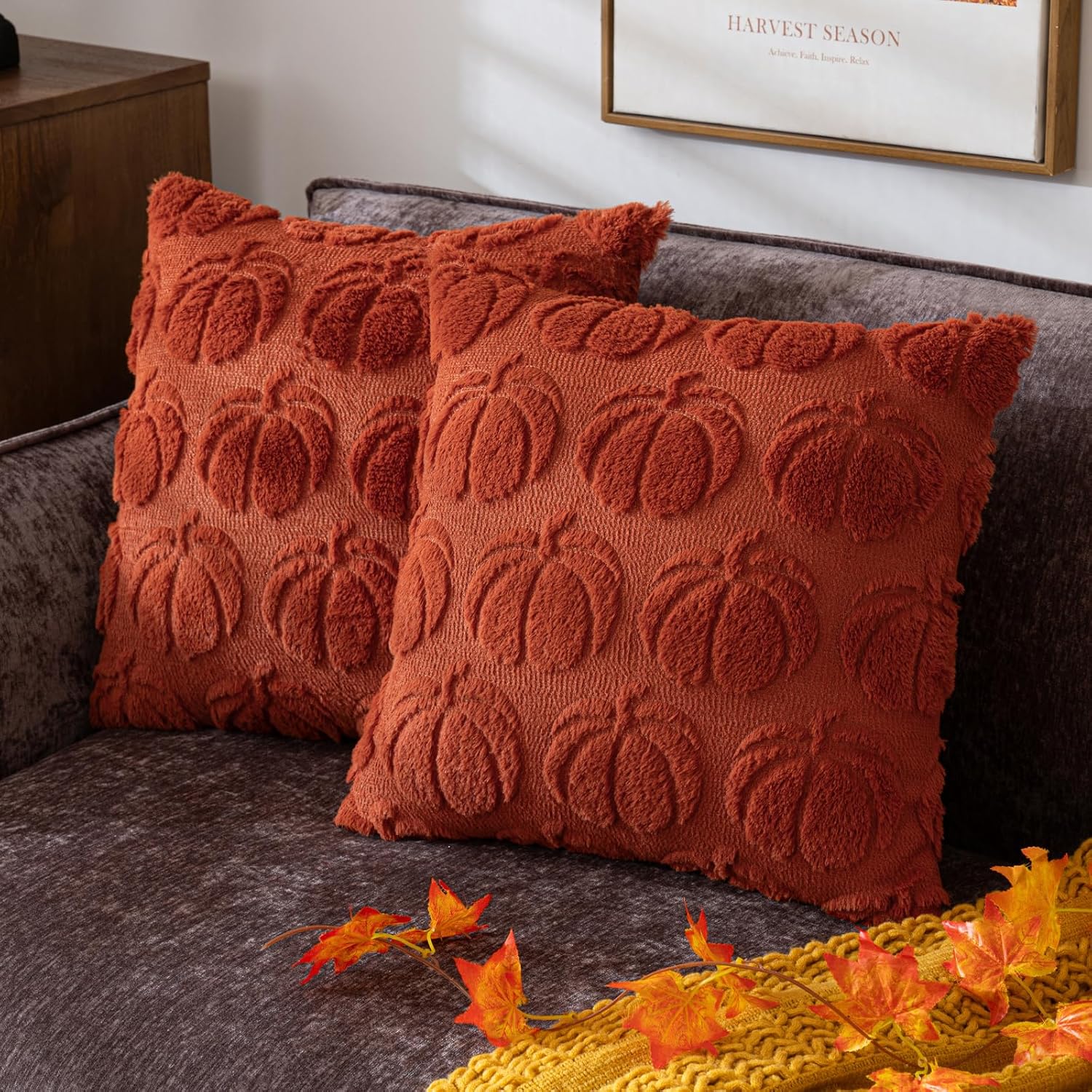 Pumpkin Fall Decorative Throw Pillow Covers, Fluffy Plush Accent Pillow Cases