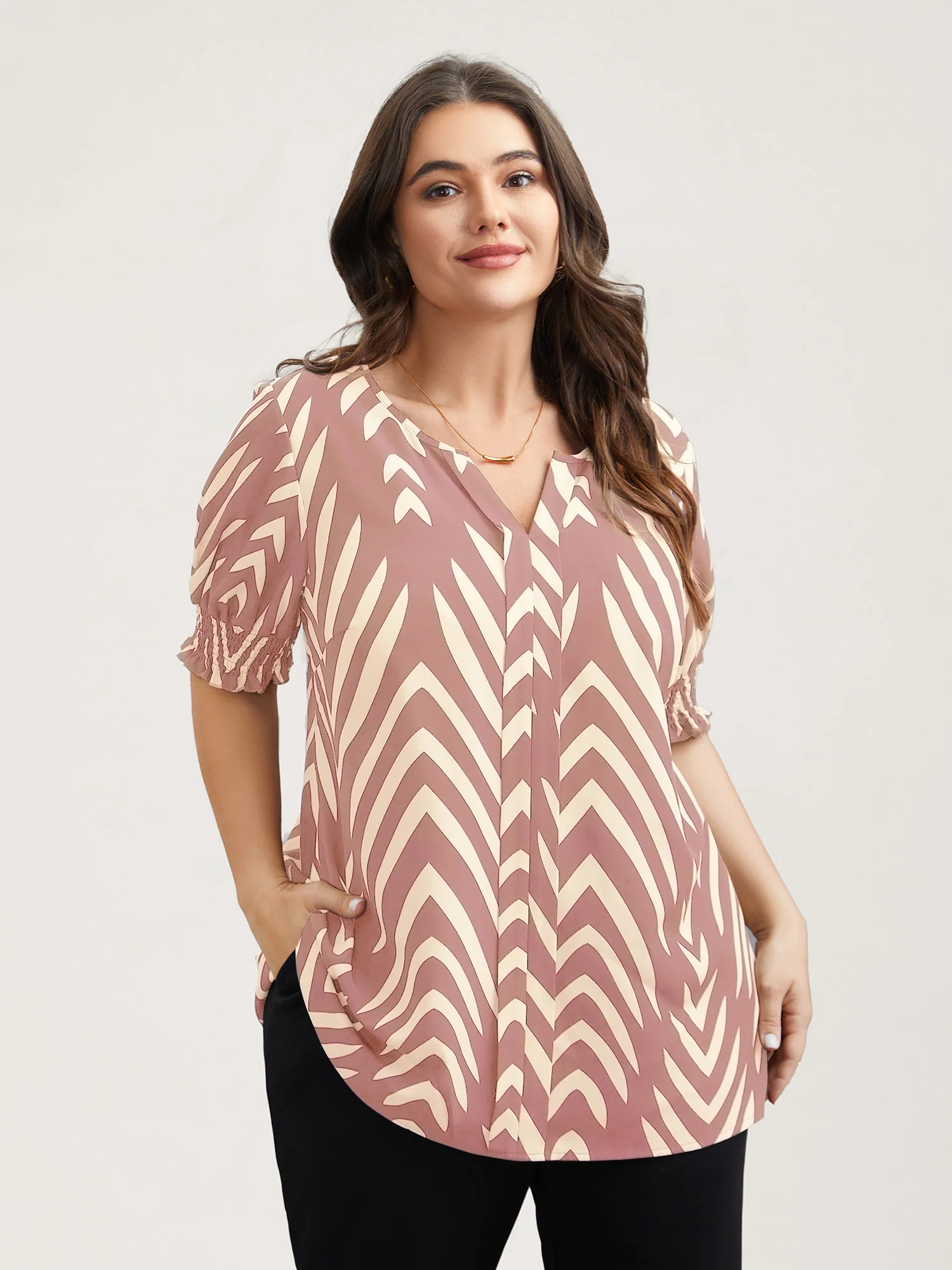 Geometric Print Ruffled Shirred Shirt