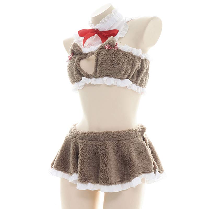 Love Heart Hollow Cat Ears Plush Lingerie Set