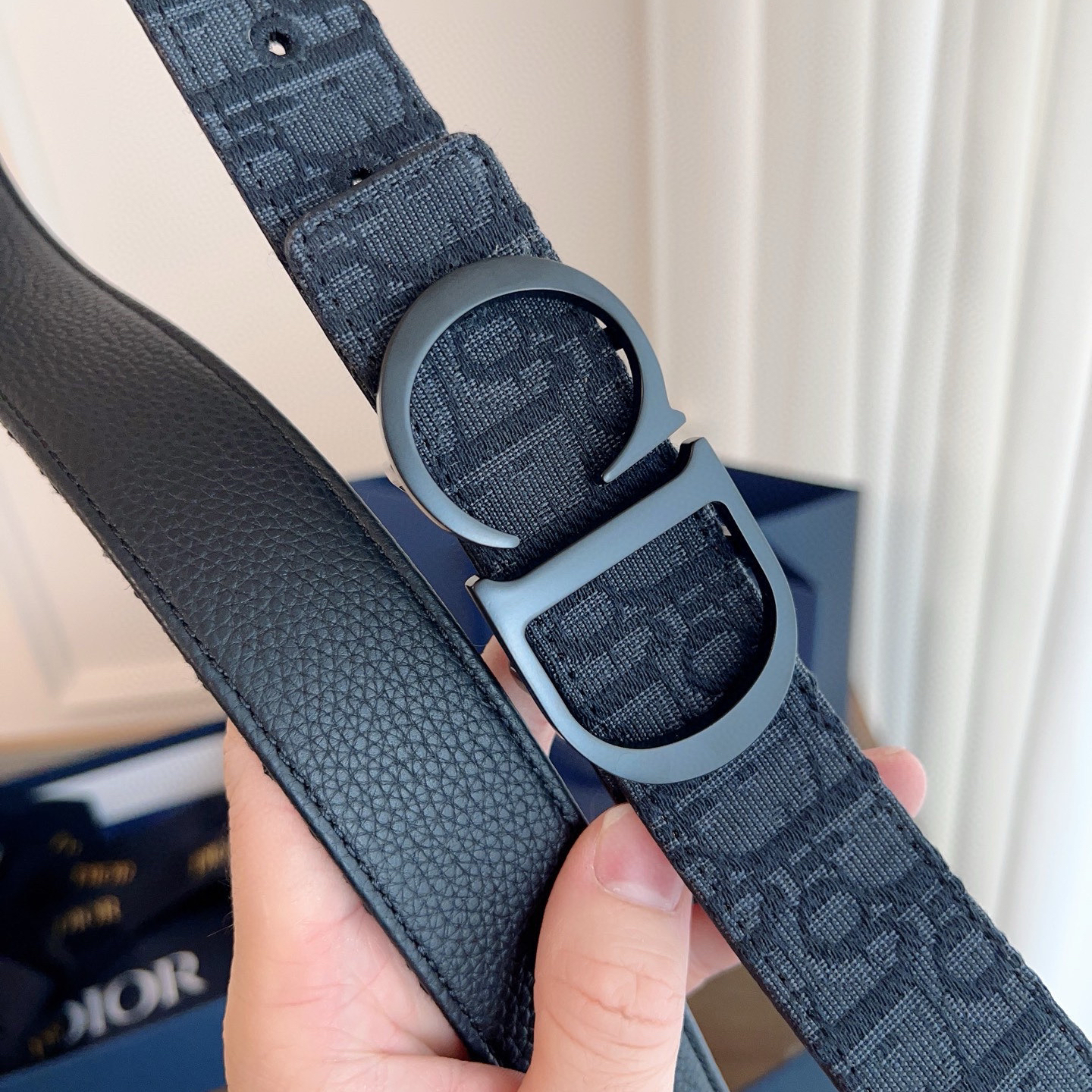 Dior Oblique black cloth and black cowhide belt width 3.5cm