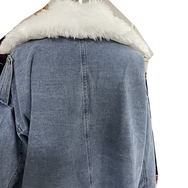 Washed White Short Denim Jacket with Integrated Fur