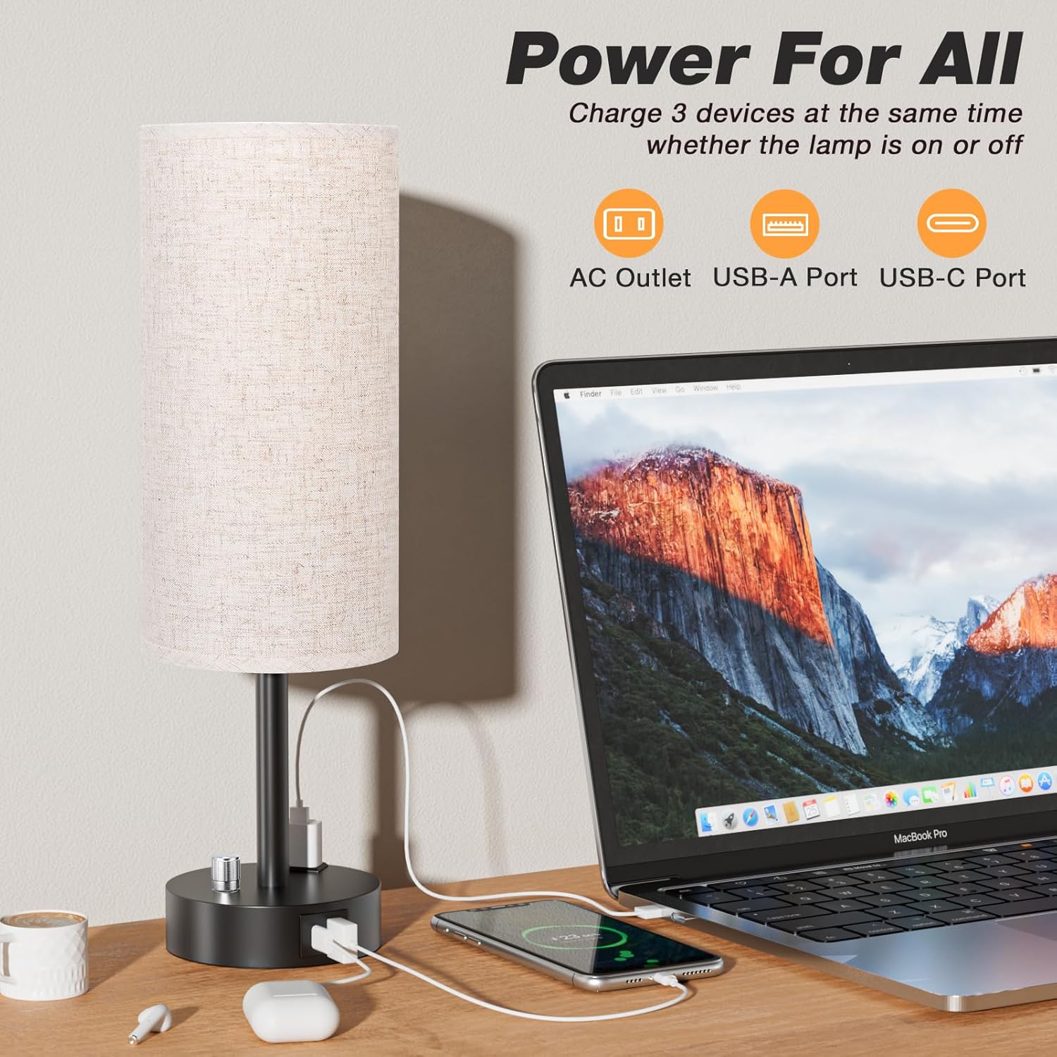 Bedside Table Lamp for Bedroom - 3 Way Dimmable Touch Lamp USB C Charging Ports and AC Outlet, Small Lamp Wood Base Round Flaxen Fabric Shade for Living Room, Desk, LED Bulb Included