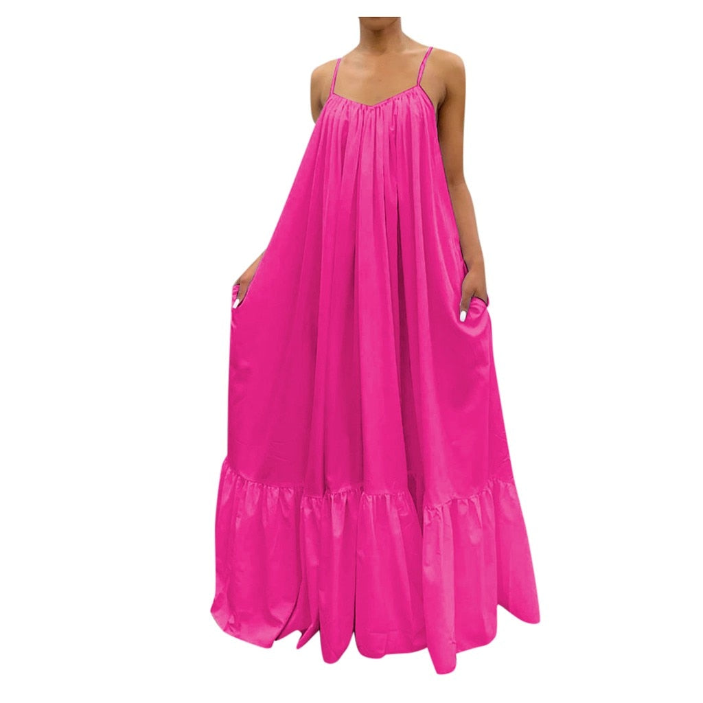 Women Plus Size Casual Solid Strap Dress Pocket Loose Backless Big Swing Dress