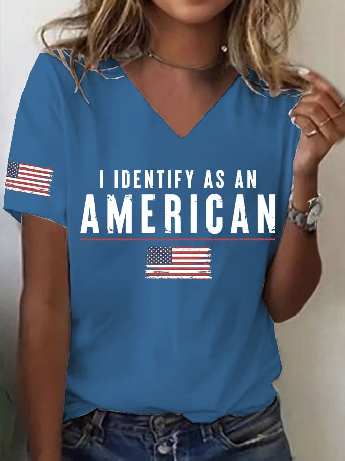 Women's I Identify As An American Print V Neck T-shirt