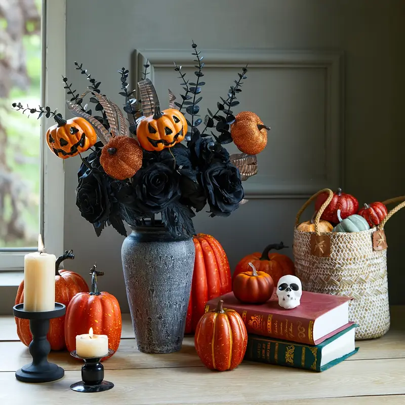 🏆Flash Sale⚡Artificial Fall Flowers-Halloween Pumpkin Bunch with Black Maple Leaves,Rose,Feathers- UV resistant, Waterproof, Windproof