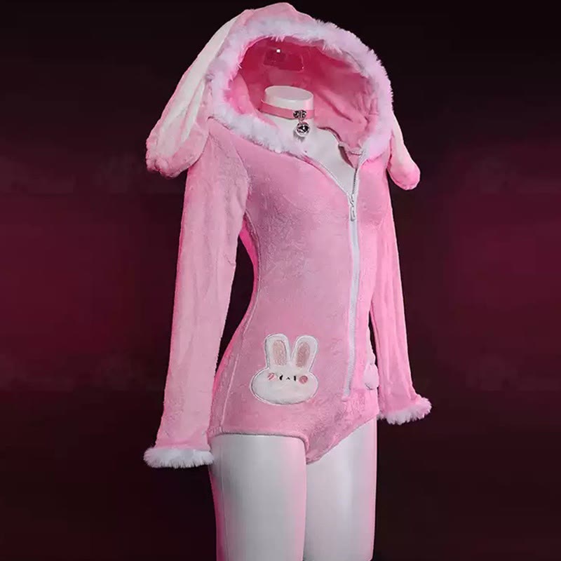 Cosplay Long Bunny Ears Zipper Plush Jumpsuit Lingerie