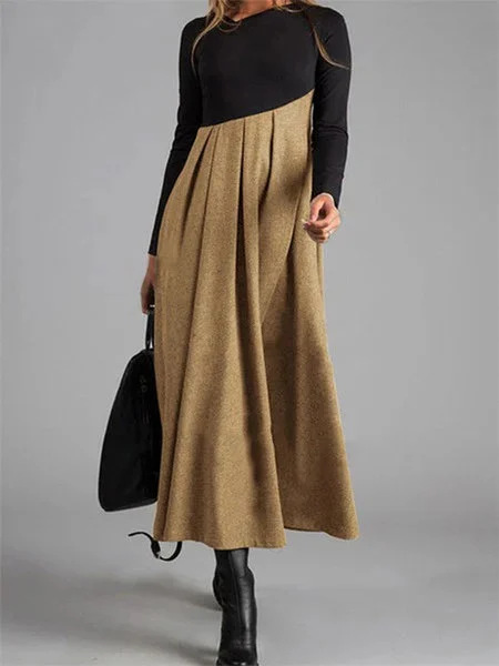 A long-sleeved V-neck dress with irregular tweed stitching