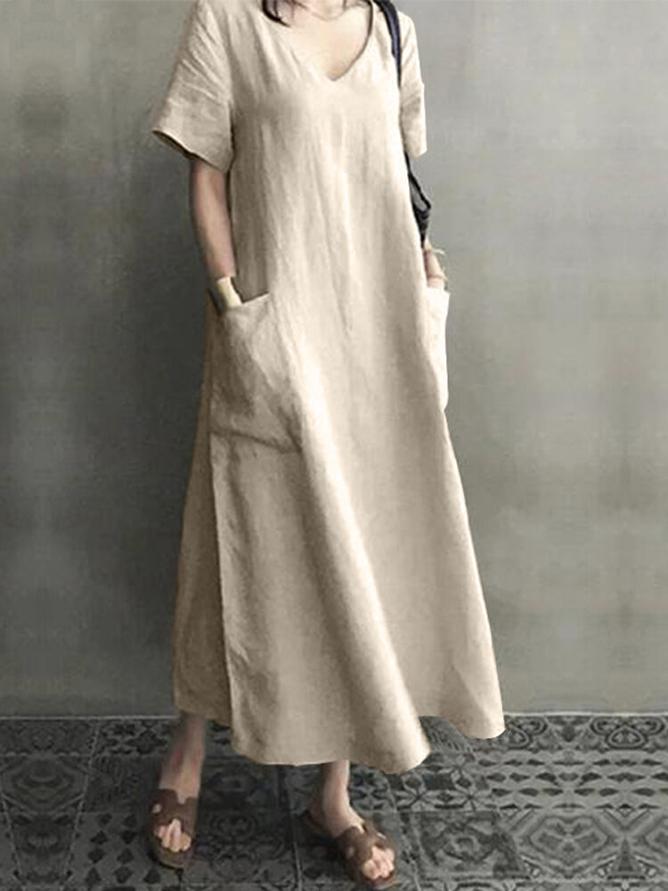 Comfy V-Neck Maxi Dress With Side Pockets