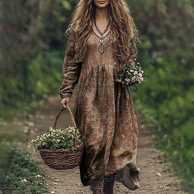 Vintage Floral Pattern Women's Flowy Maxi Dress