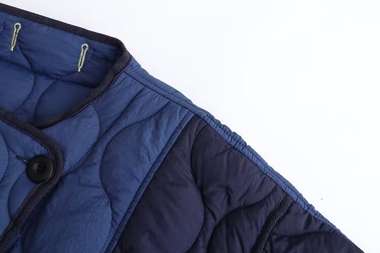 Winter Loose Slimming Color Block Crew Neck Double Pocket Cotton Jacket Women