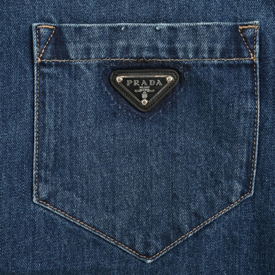 Prada 23ss triangle logo washed denim blue short sleeve shirt
