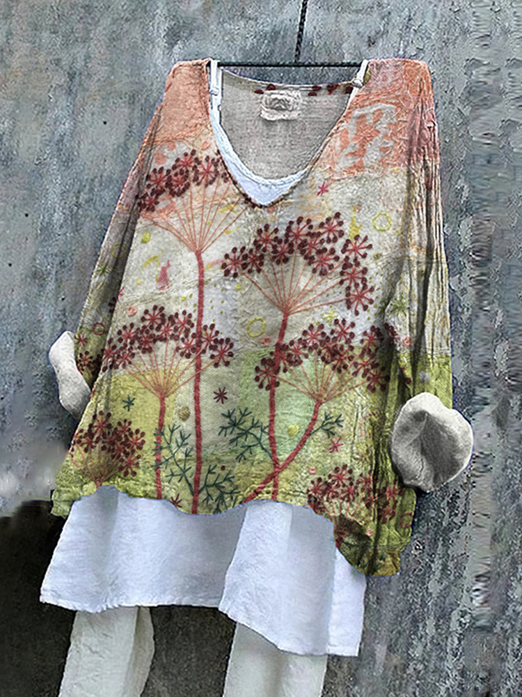 Retro Fanciful Garden Floral Embroidered Art Linen Blend Tunic