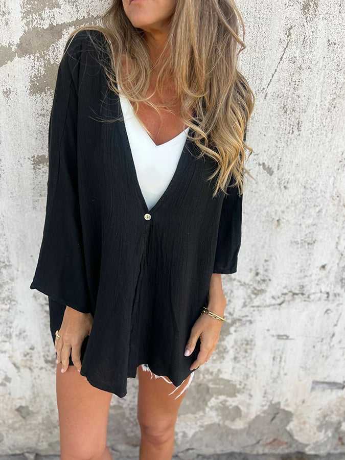 Women's V-Neck Long Sleeve Loose Button Design Casual Shirt