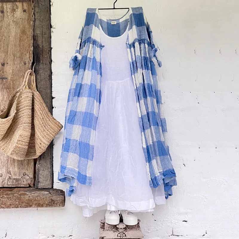Plaid Comfortable Loose Button Cardigan Midi Dress