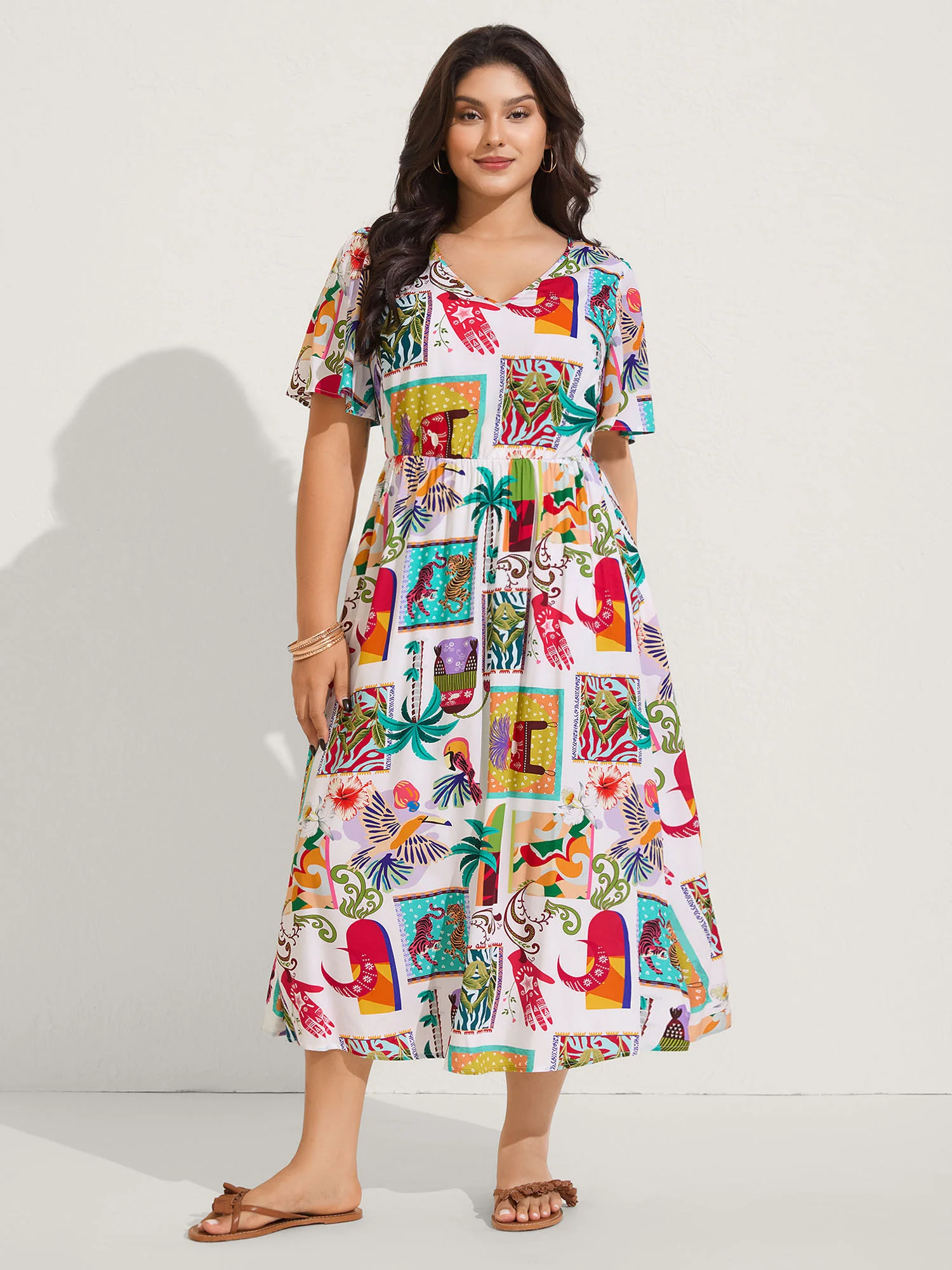 Tropical Collage Print Pockets Midi Dress